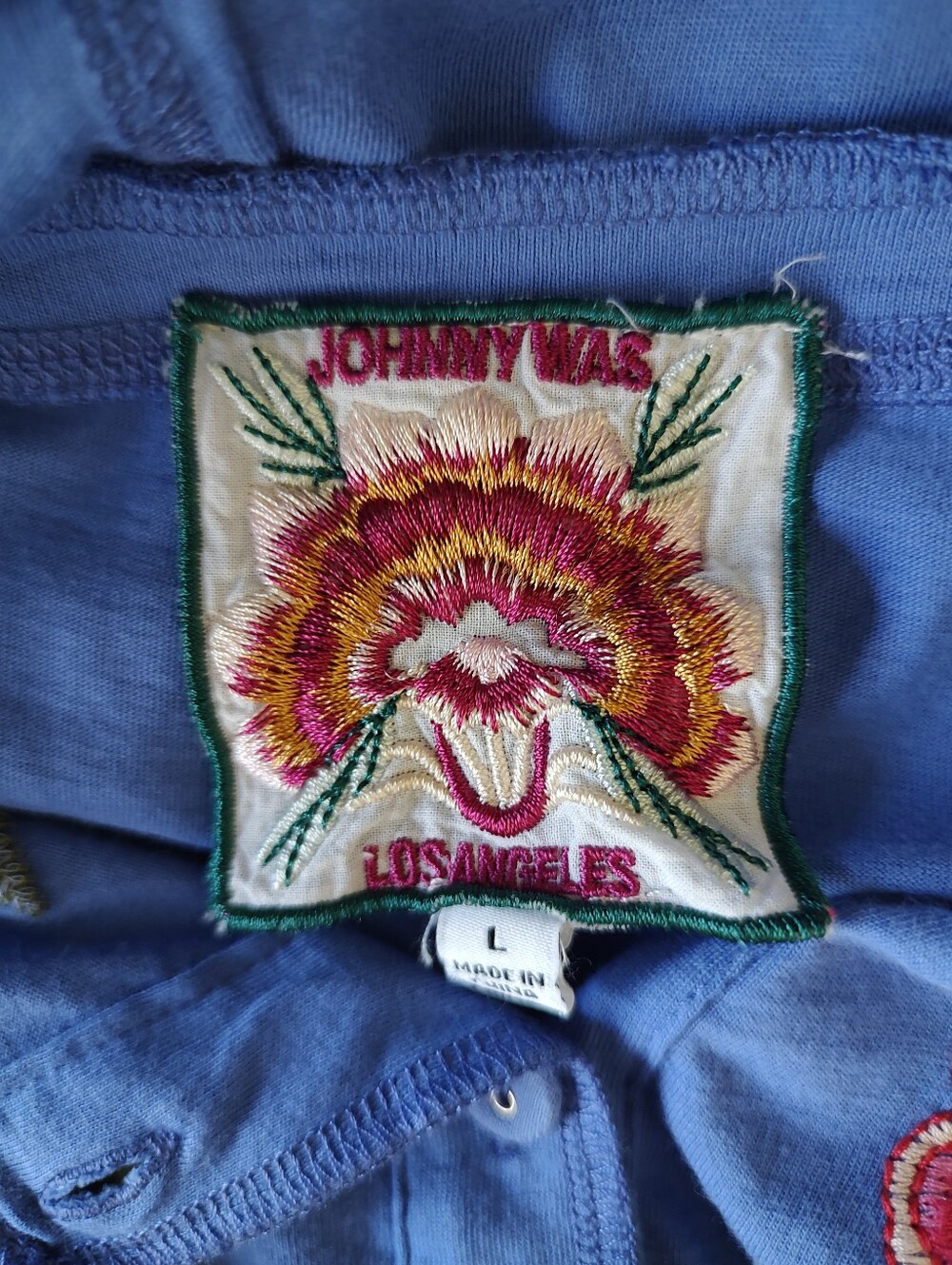 Johnny Was Raw Seam Catia Embroidered Henley Blue Long Sleeve Top Floral Large - Picture 6 of 15
